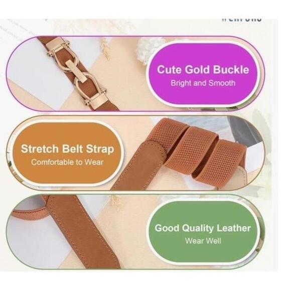NWT Womens Elastic Belt Gold Buckle Leather Multi Colors Available *choose color - Picture 2 of 3